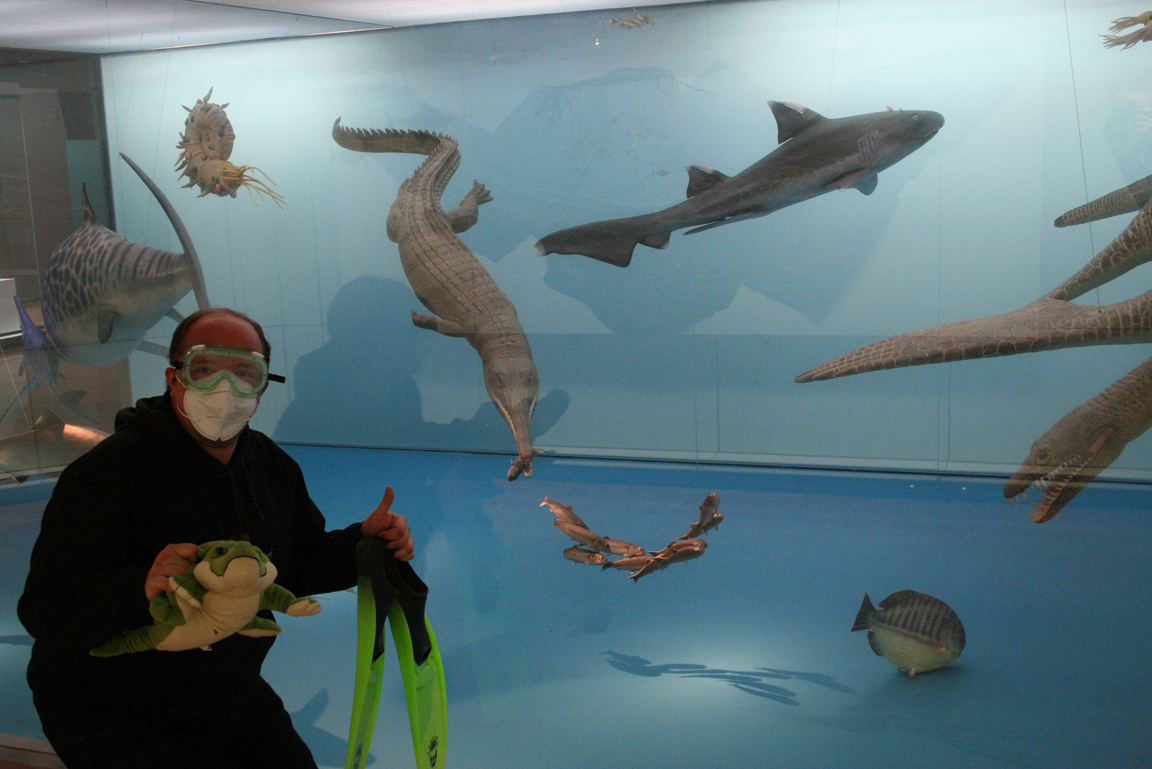 Mann mit Taucherbrille steht vor einem Diorama mit urzeitlichen Meeresbewohnern und hält Schwimmflossen und ein Plüsch-Krokodil.